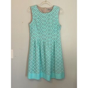 Eliza J Aqua Mint Green Geometric Eyelet Lace Fit & Flare Dress Sleeveless Sz 6